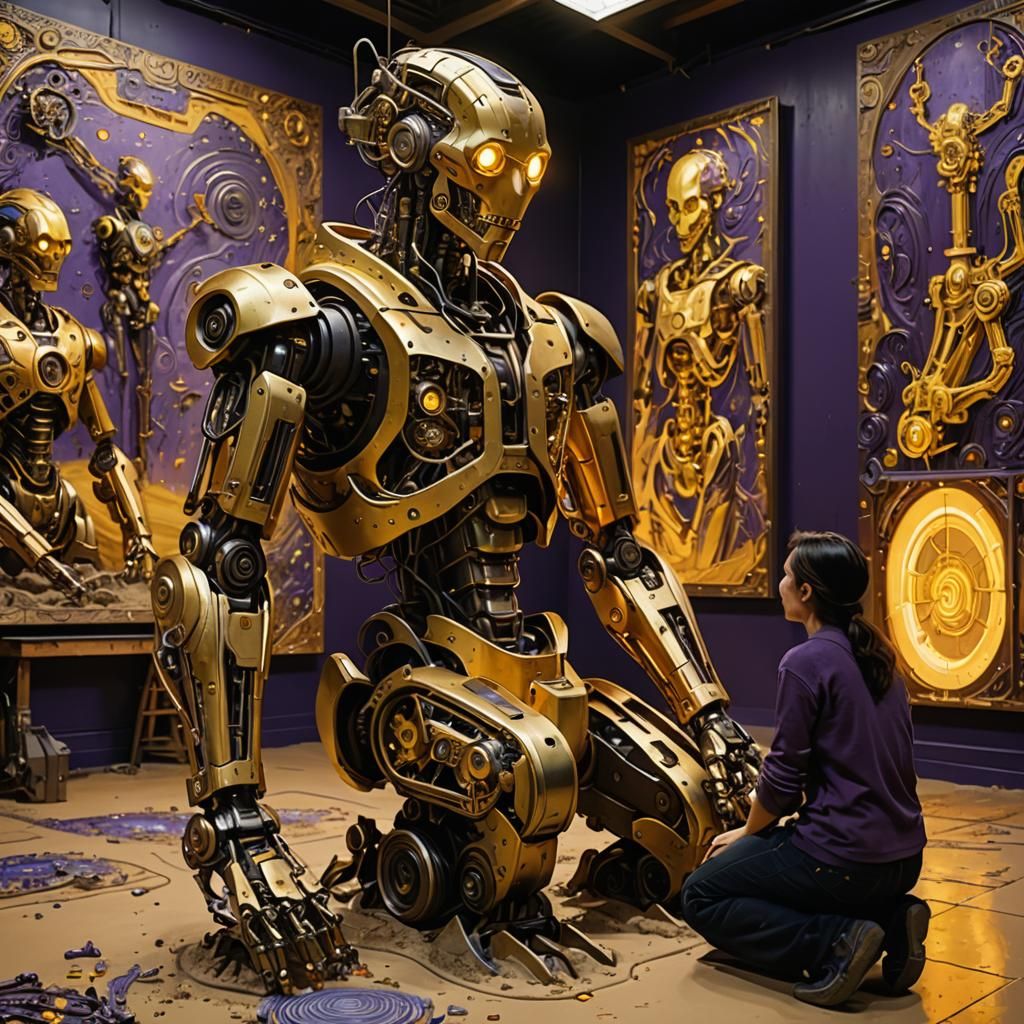 Female engineer sits next to robot artist