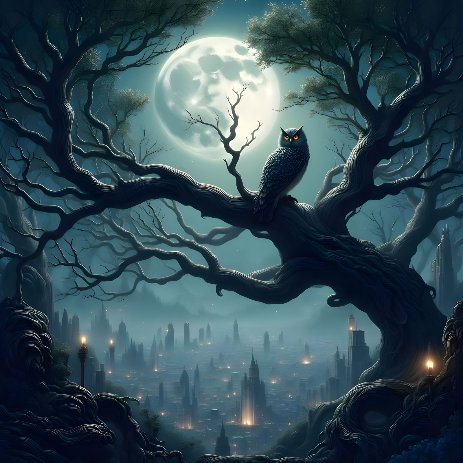 Guardian Owl Over Twinkling Cityscape in Dark Fantasy Art