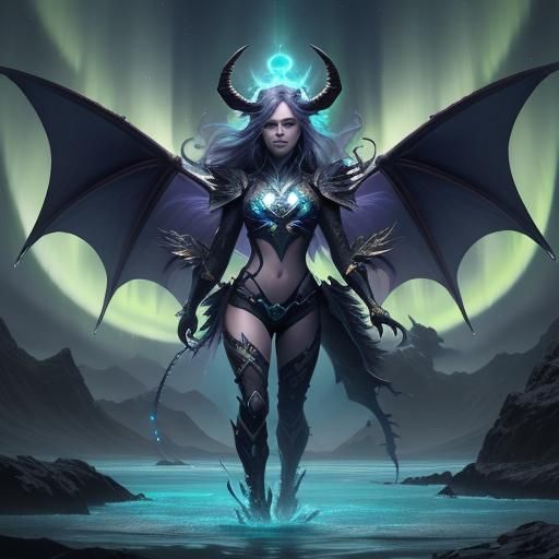 Dragon Girl with Northern Lights, Fantasy Concept Art