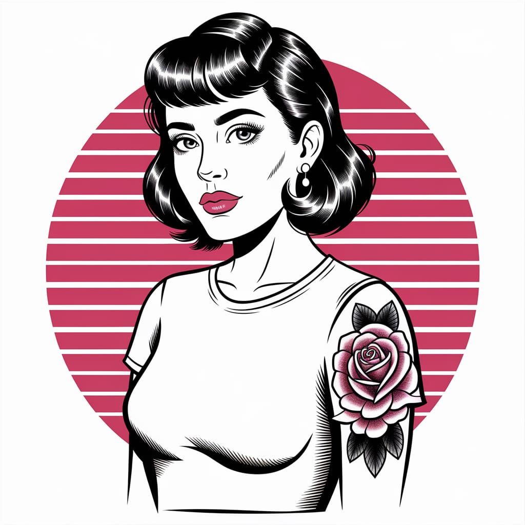 Retro Ink Drawing: Woman with Rose Tattoo