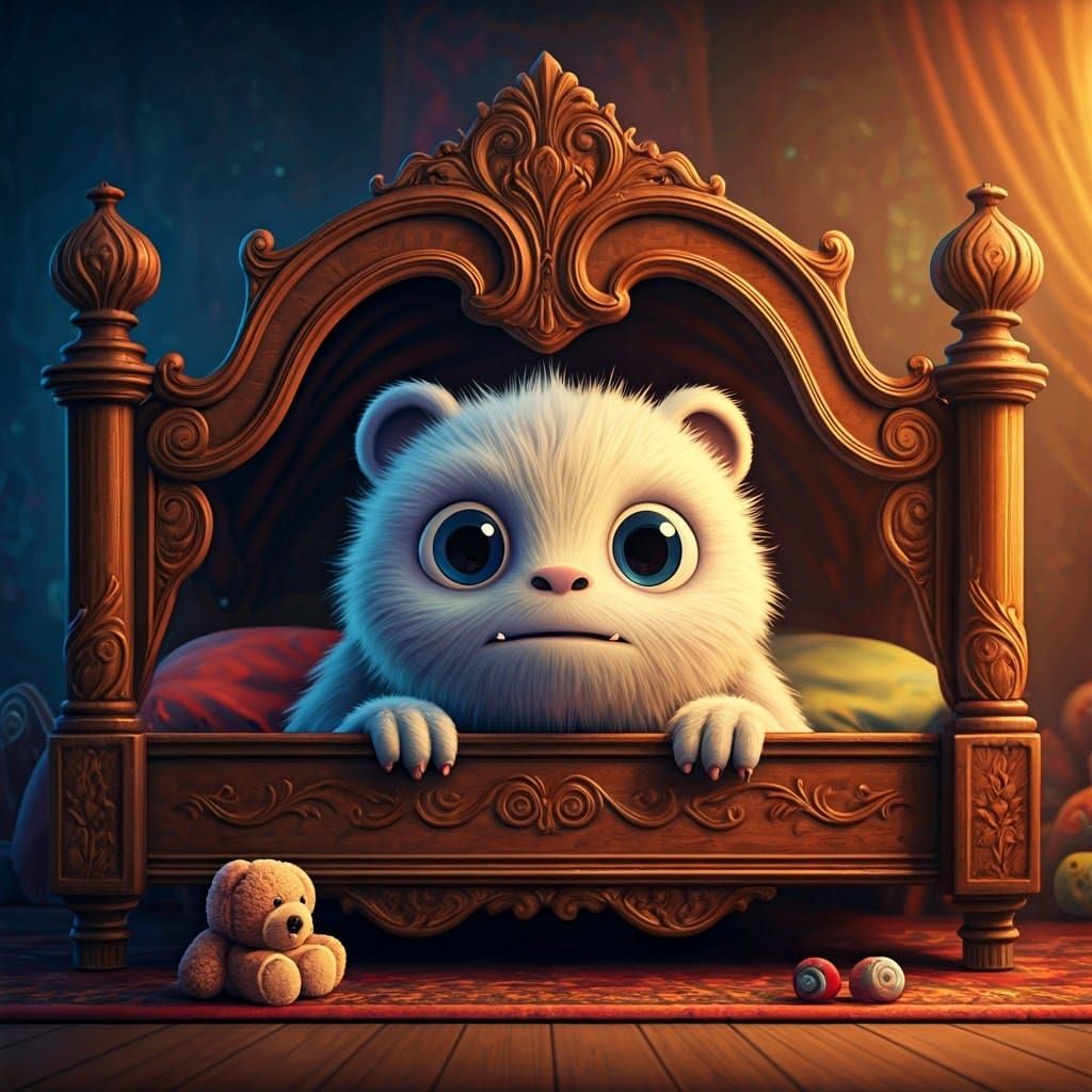 Shy Fluffy Monster Peeking from Under Bed