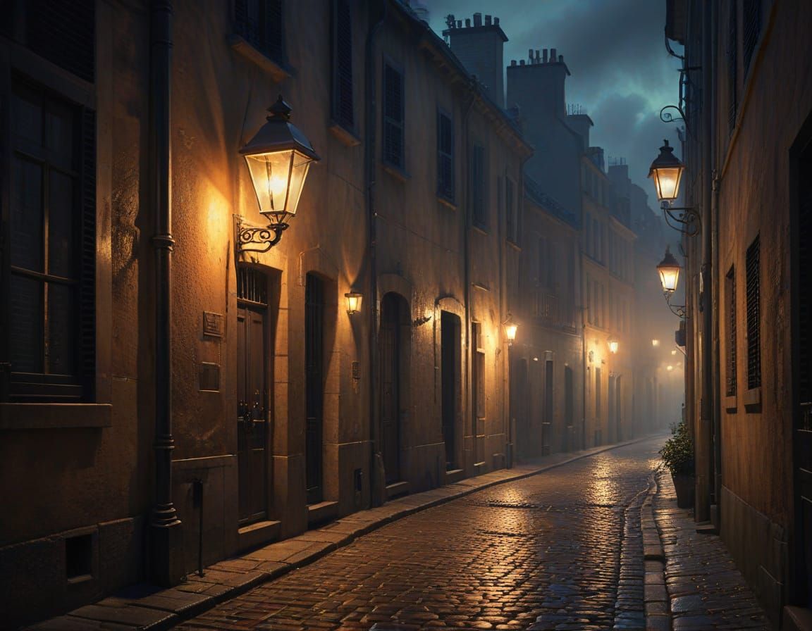 Parisian Alleyway at Night: Impressionistic Gaslight Scene