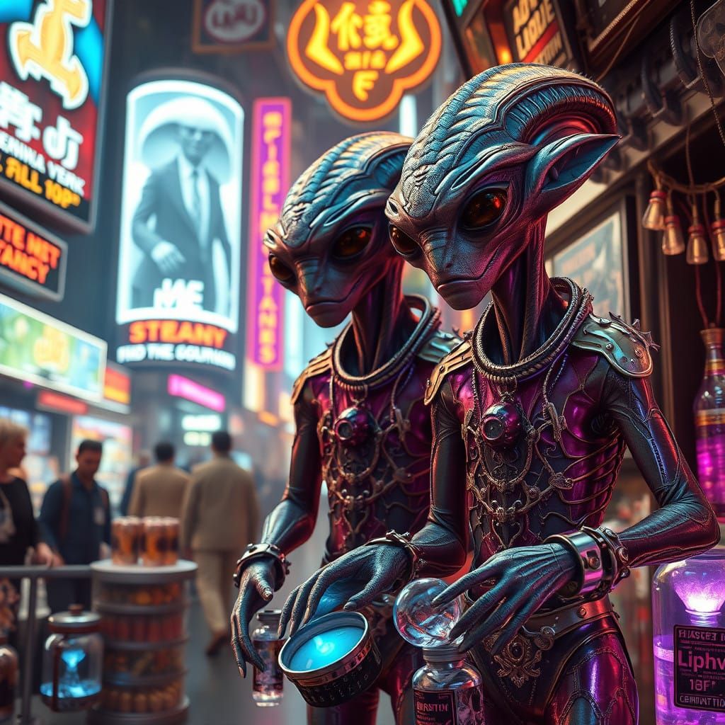 Aliens Navigate Sci-Fi Marketplace in Hyperrealistic Detail