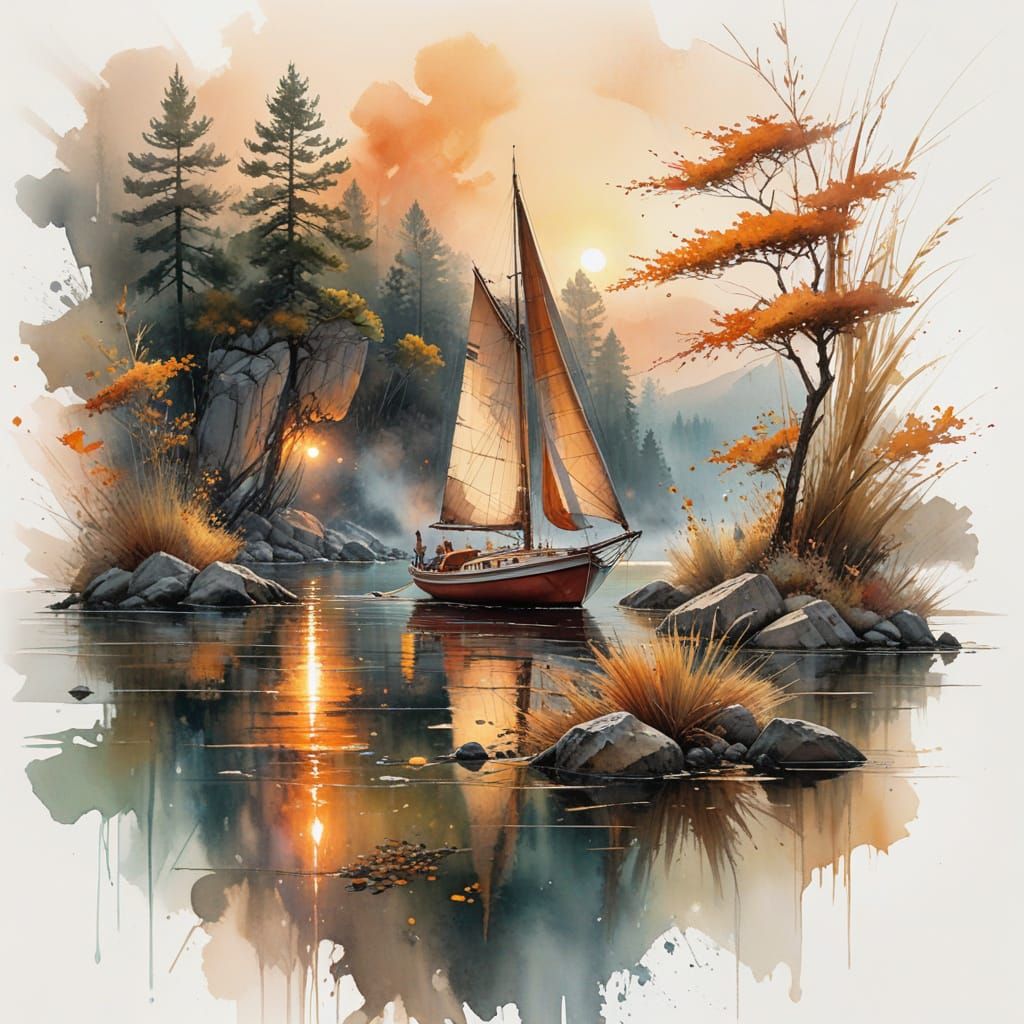 Golden Sunset Sail on Tranquil Lake