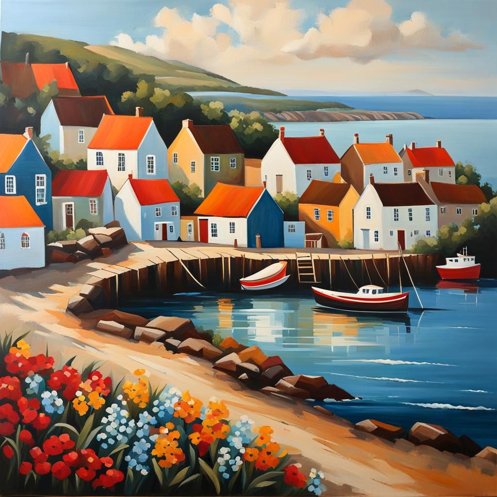 Seaside Village Painting in Vintage Style
