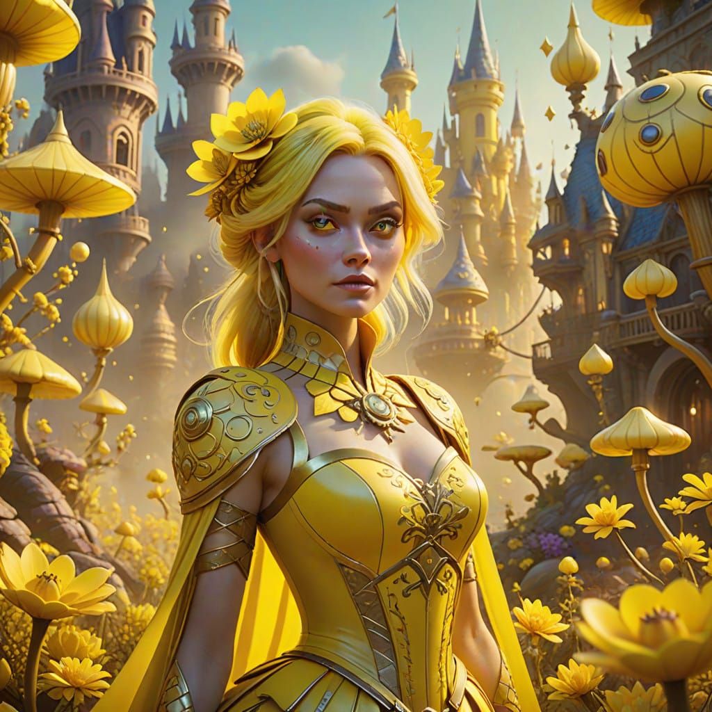 Surrealist Woman in Vibrant Yellow Dreamscape