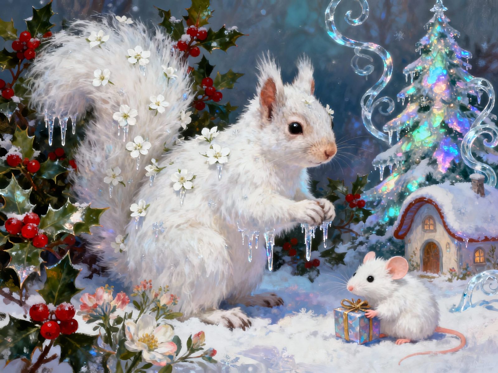 Winter Squirrel in Enchanted Forest with Cottage