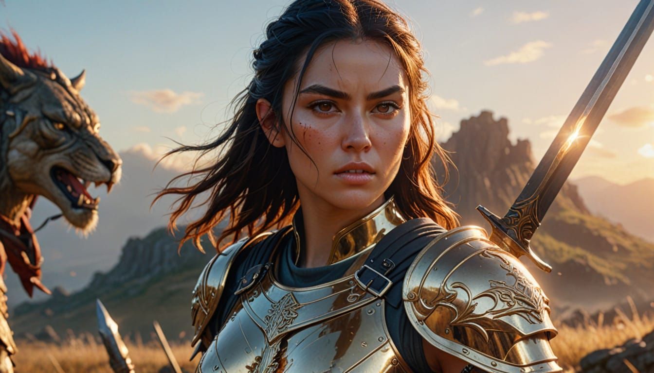 Warrior Woman in Metallic Armor, Digital Art