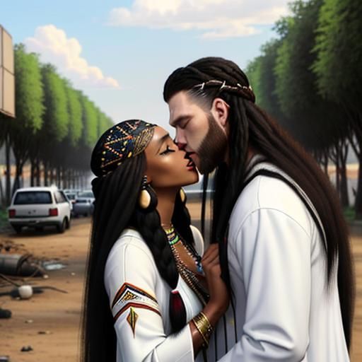 Romantic Kiss Amidst Ruins with Native American Clothing