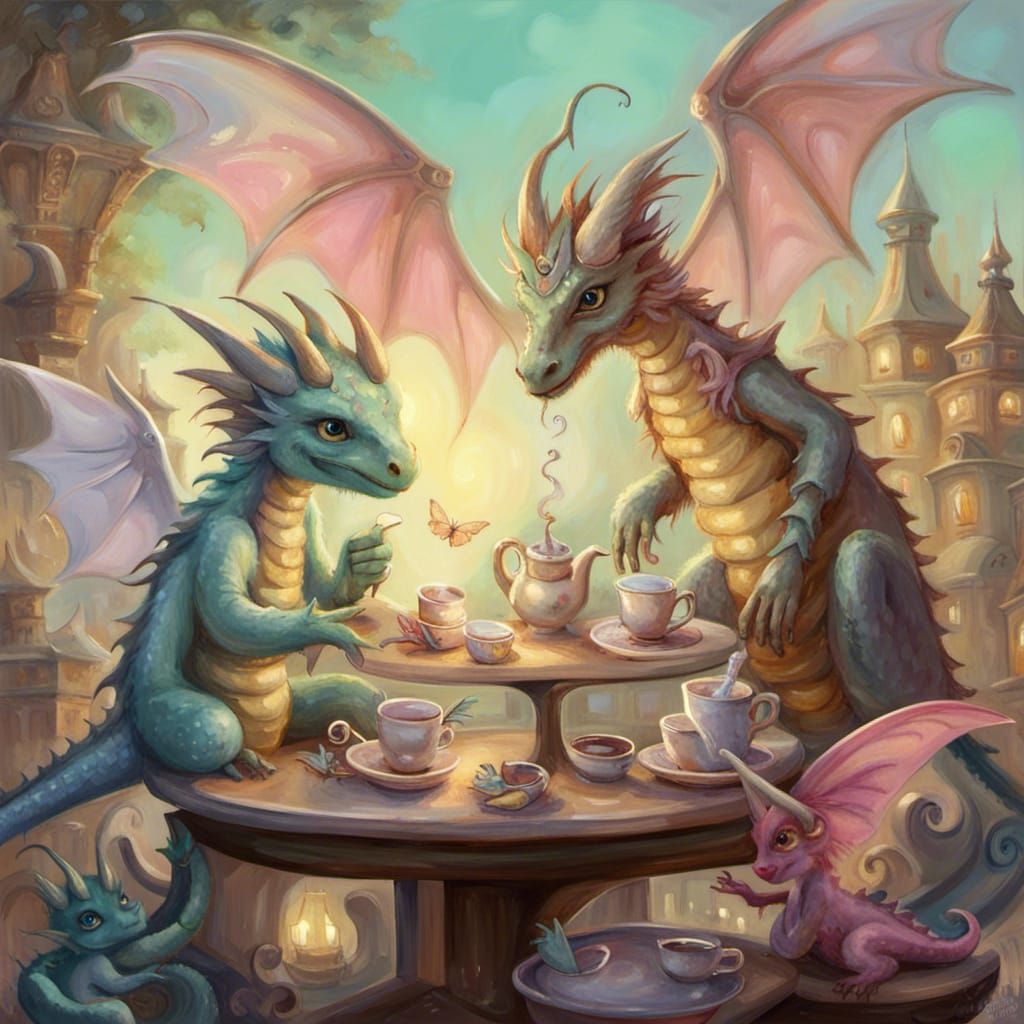 Baby Dragon's Steampunk Tea Party as Impasto Painting