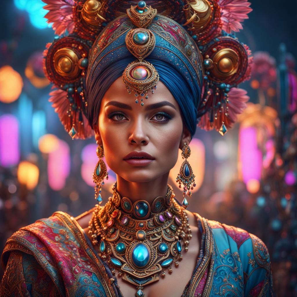 Beautiful Woman with Futuristic Jewelry, Hyperrealistic Port...