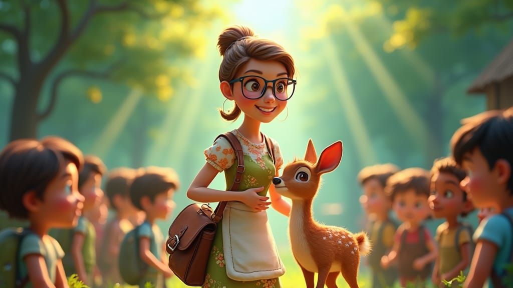 Gentle Teacher and Deer in Forest, 3D Art