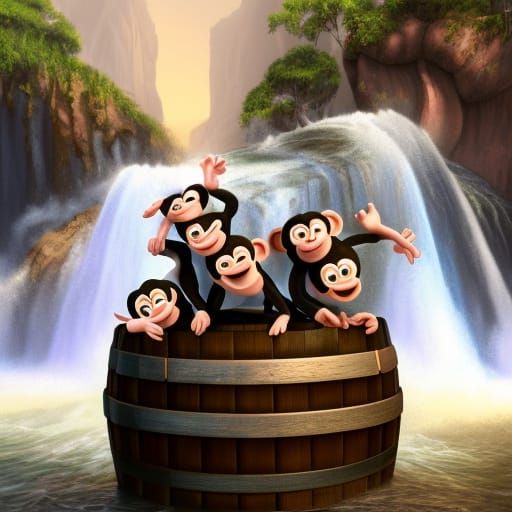 Barrel of Monkeys on Waterfall: 3D Digital Art