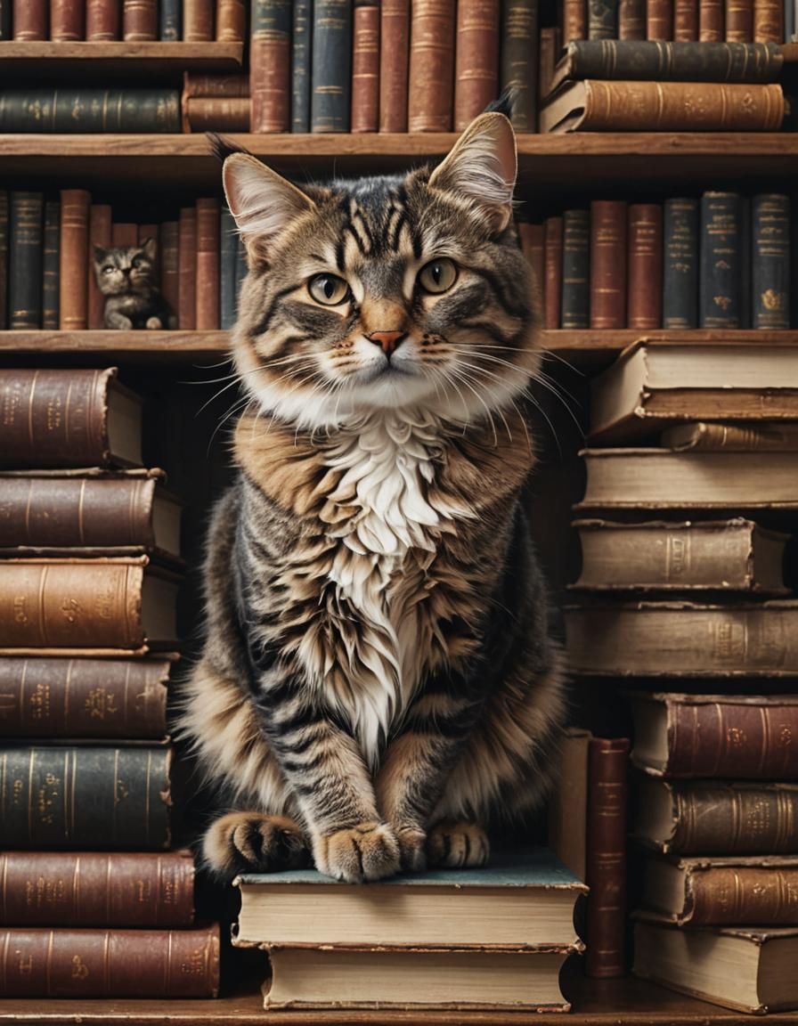 Adorable Cat Sitting on Bookshelf: Photorealistic Image