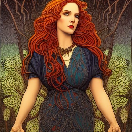 Art Nouveau Auburn Portrait with Autumnal Motifs