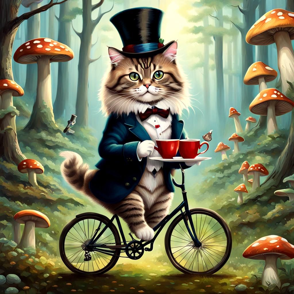 Siberian Cat's Whimsical Unicycle Tea Party