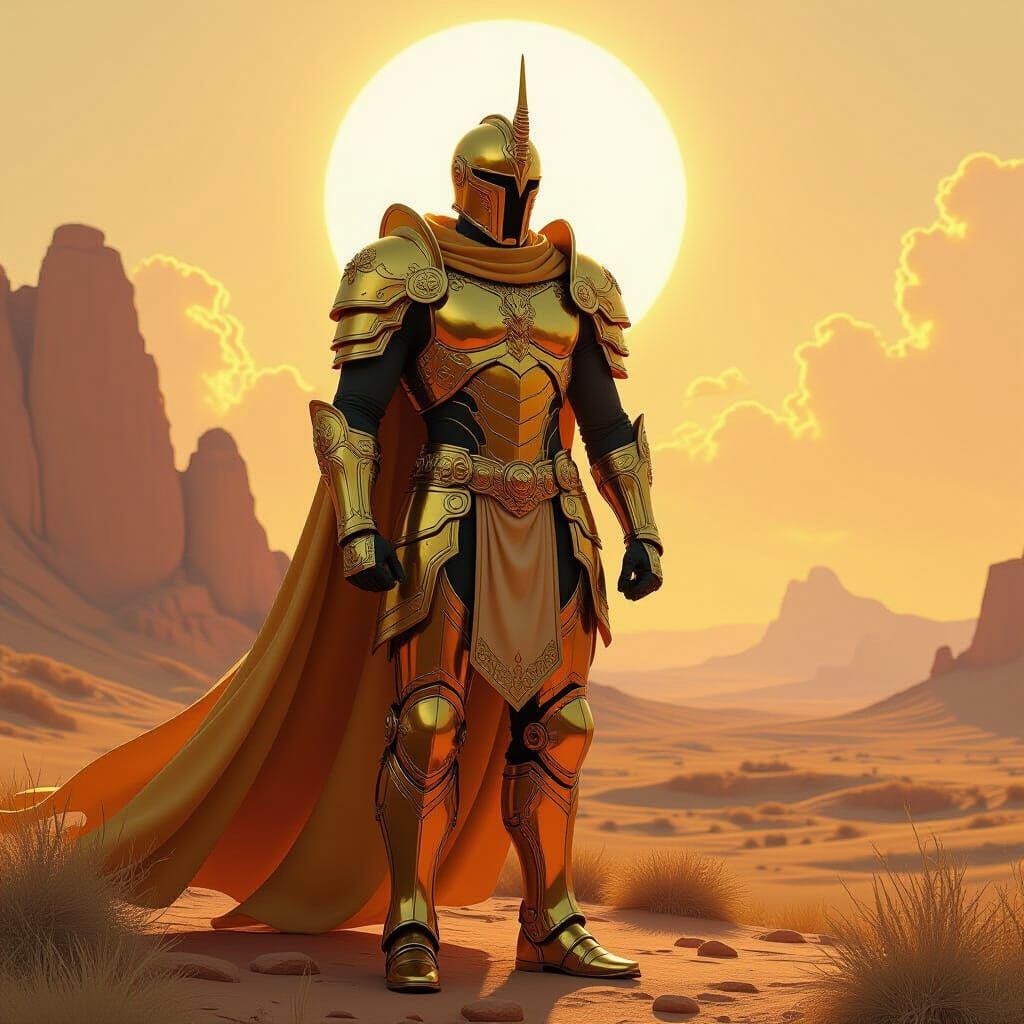 Golden Armored Hero in Sun-Drenched Landscape