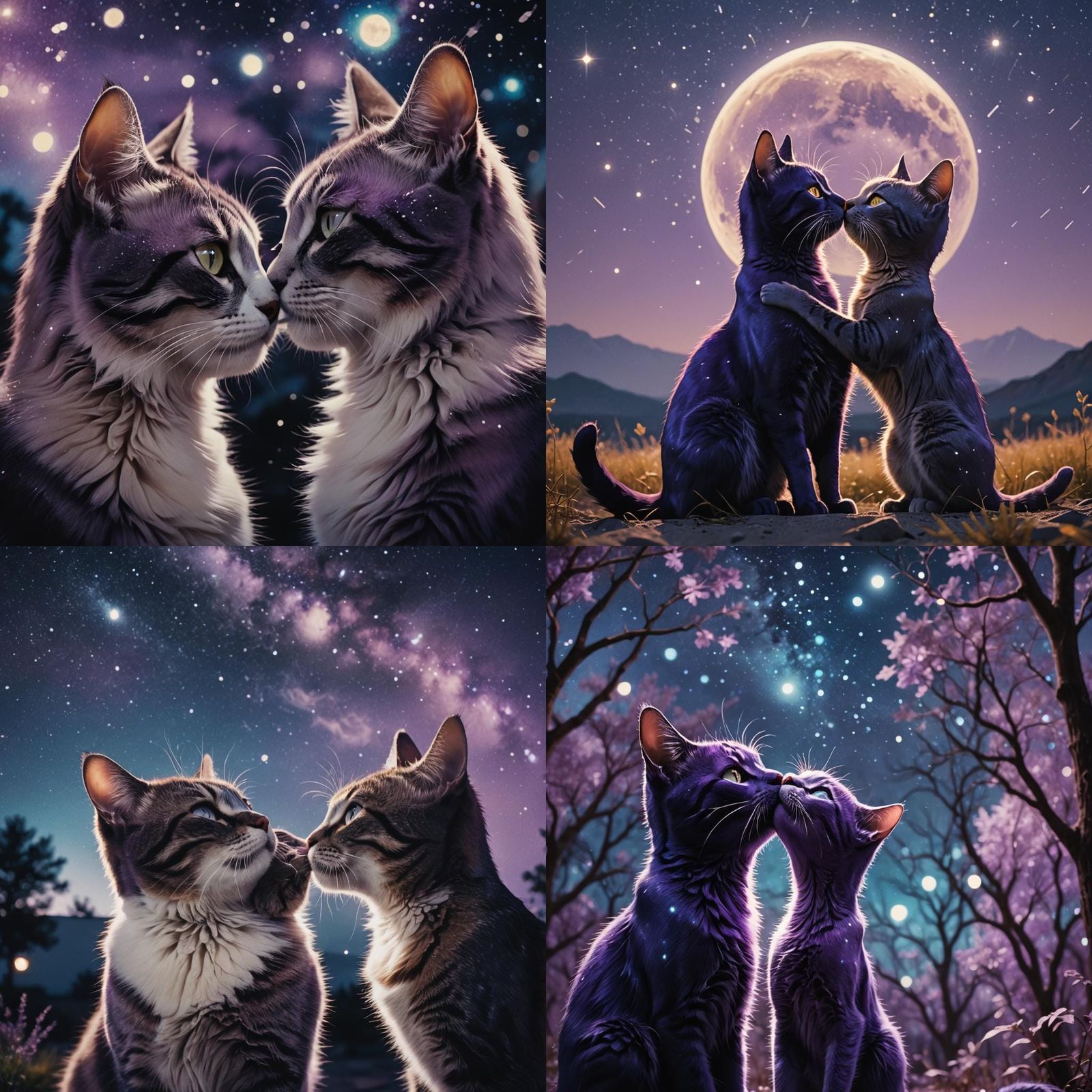 Purple and Blue Cats Kissing Under Stars