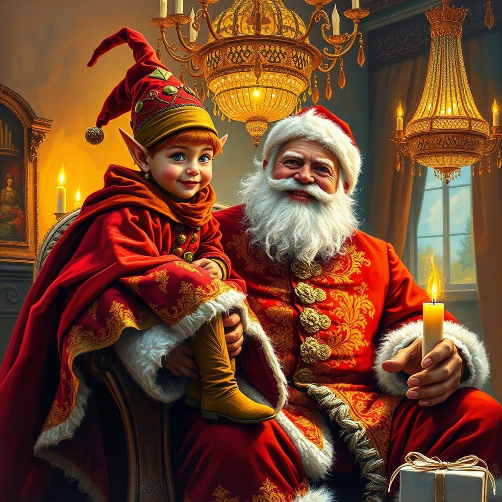 Vibrant Red-Headed Elf on Jovial Santa's Lap in Luxurious Ve...