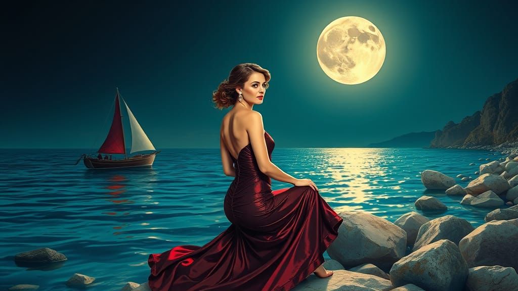 Elegant Woman Amidst Shattered Glass and Moonlit Reflections...