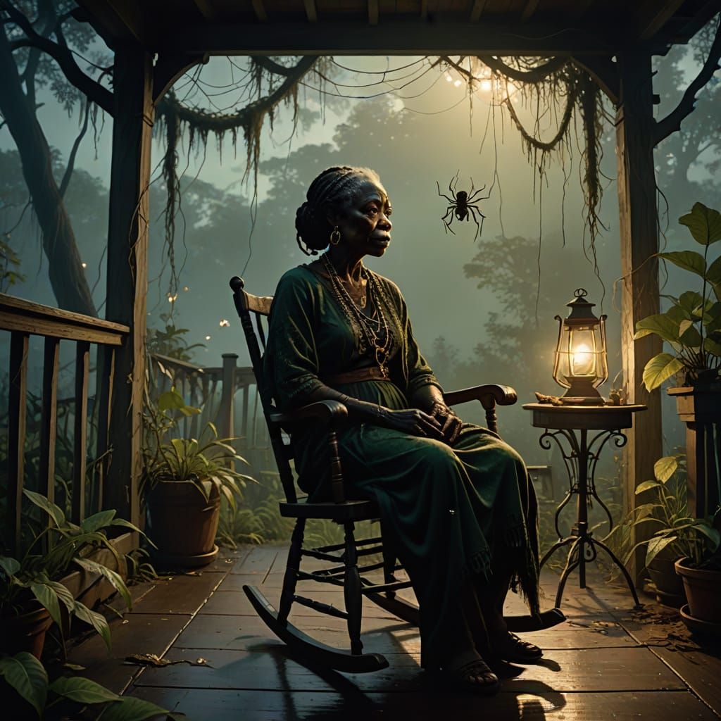 Eerie Mami Wata on Porch in Dark Fantasy Art