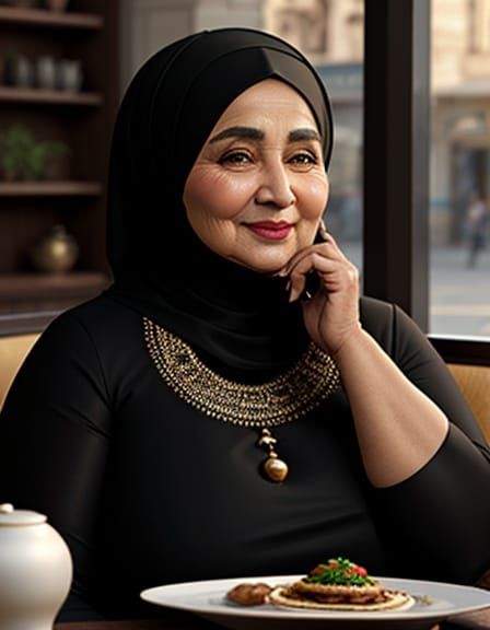 Elegant Older Woman in Hijab Smiling in Cafe