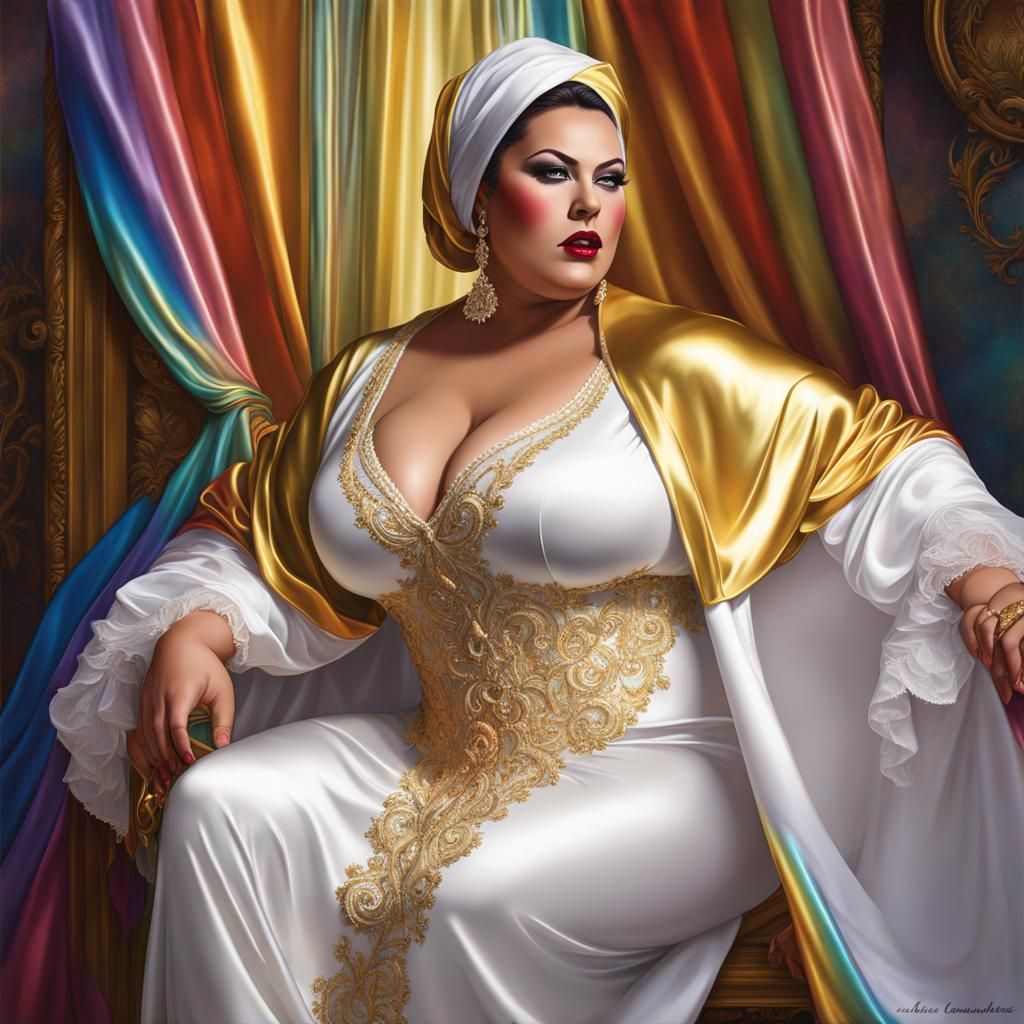 Statuesque Woman in Rainbow Satin, Detailed Matte Painting