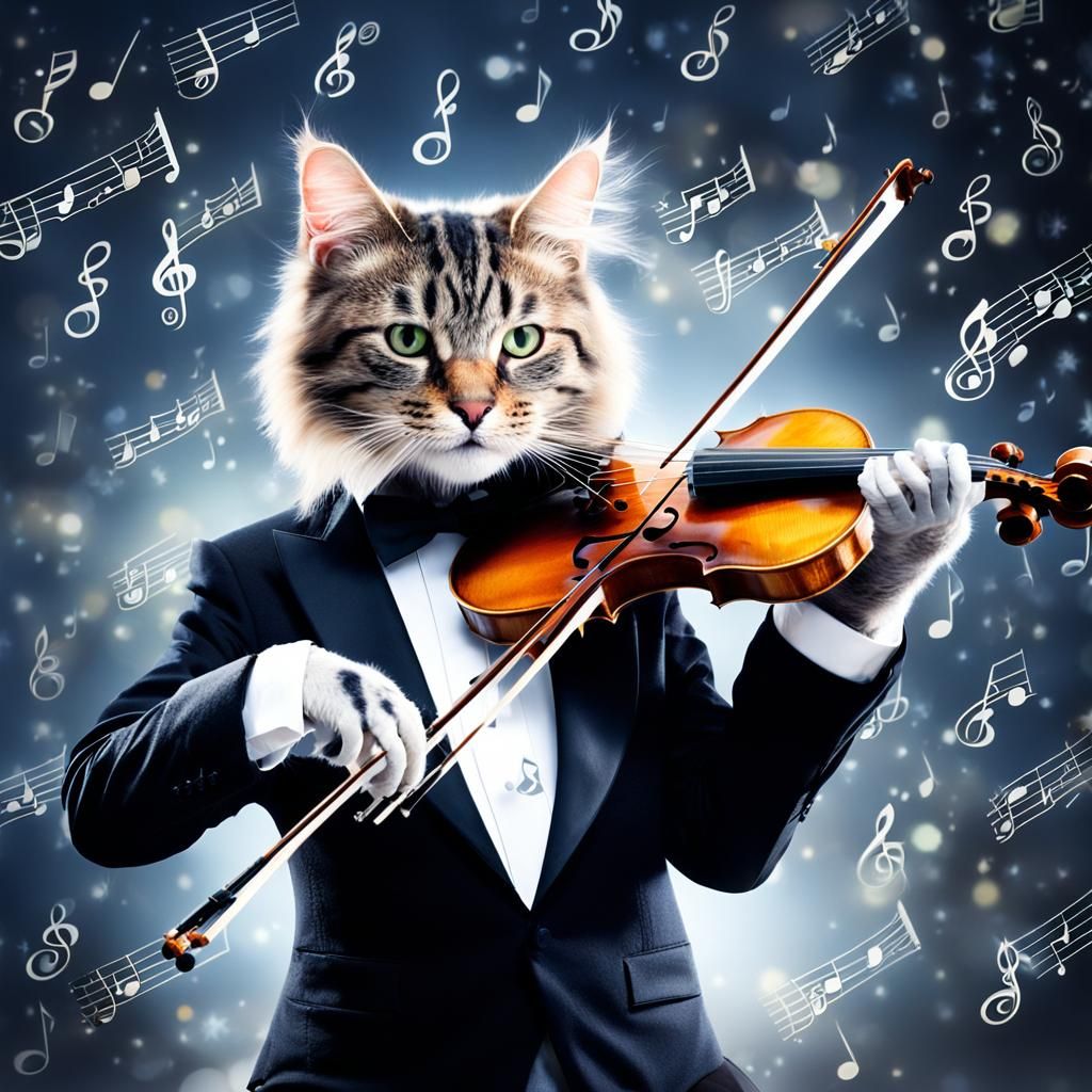 Cat Playing Violin with Musical Filigree in Romantic Style