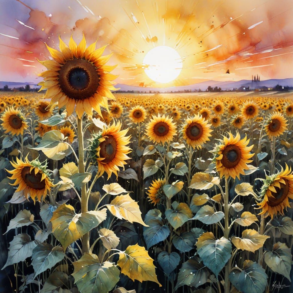 Sunflower Field at Sunset: Watercolor Art