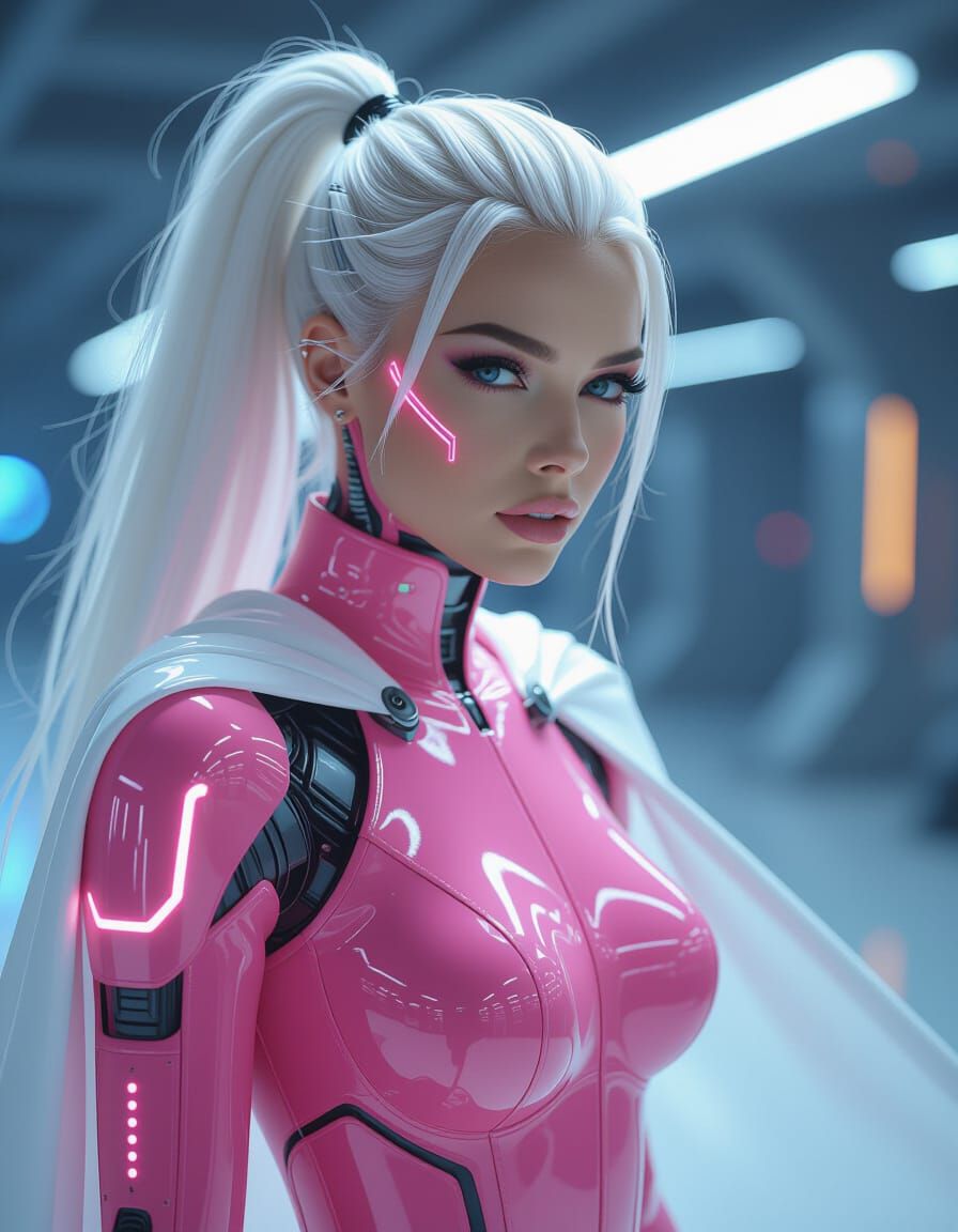 Cybernetic Woman in Pink Catsuit with White Ponytail