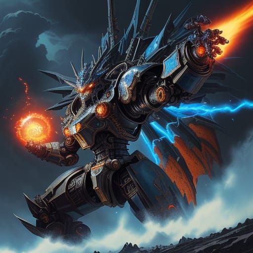 Steampunk Knight Battles Robotic Dragon in Anime Style