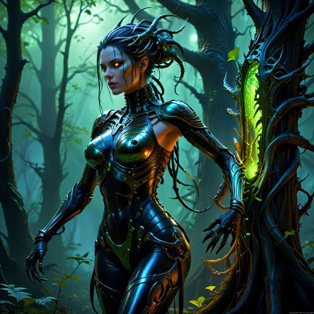 Cyborg Hive Queen Merges with Nature in Digital Painting