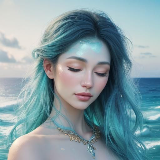 Serene Woman Surrounded by Ocean Waves: Oil Painting