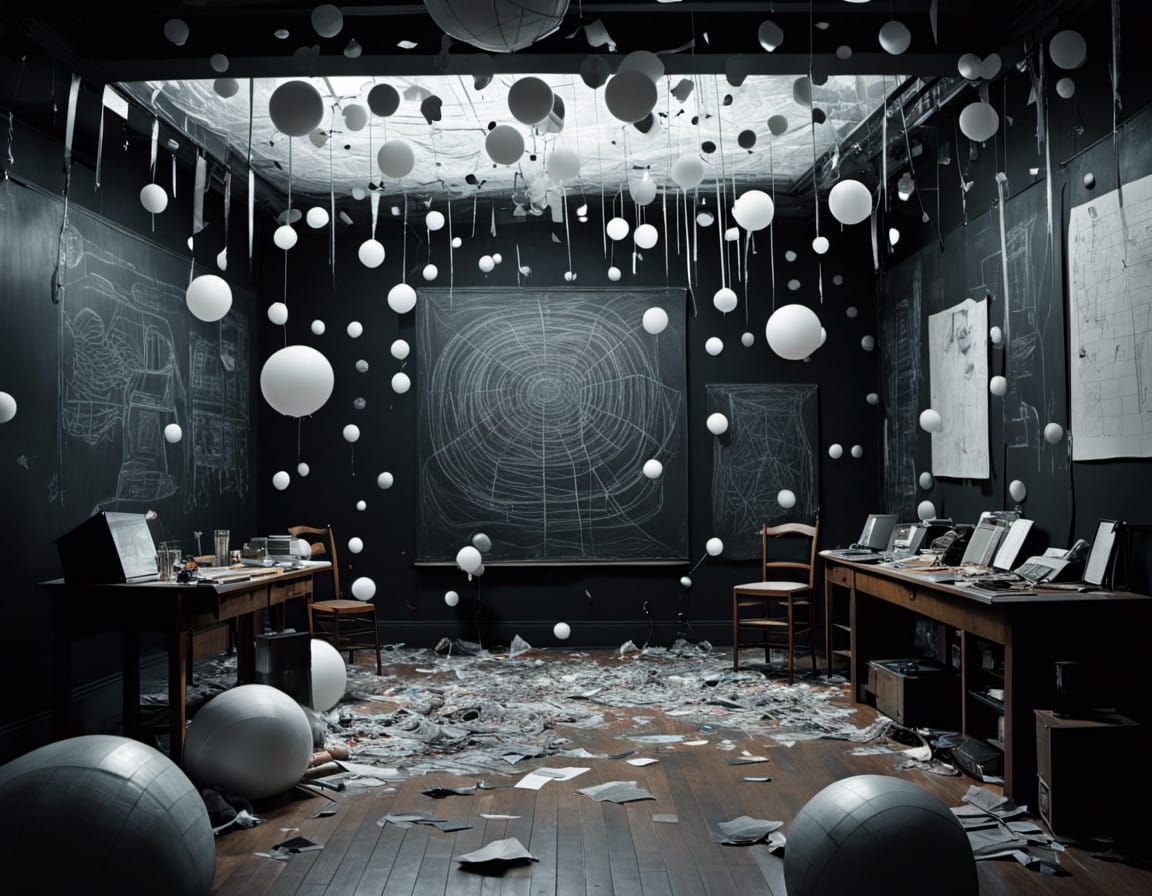 Chaotic Post-Party Scene in a Futuristic Theater