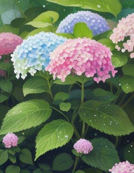 Multicolored Hydrangea Watercolor Splash Art in Fauvist Styl...