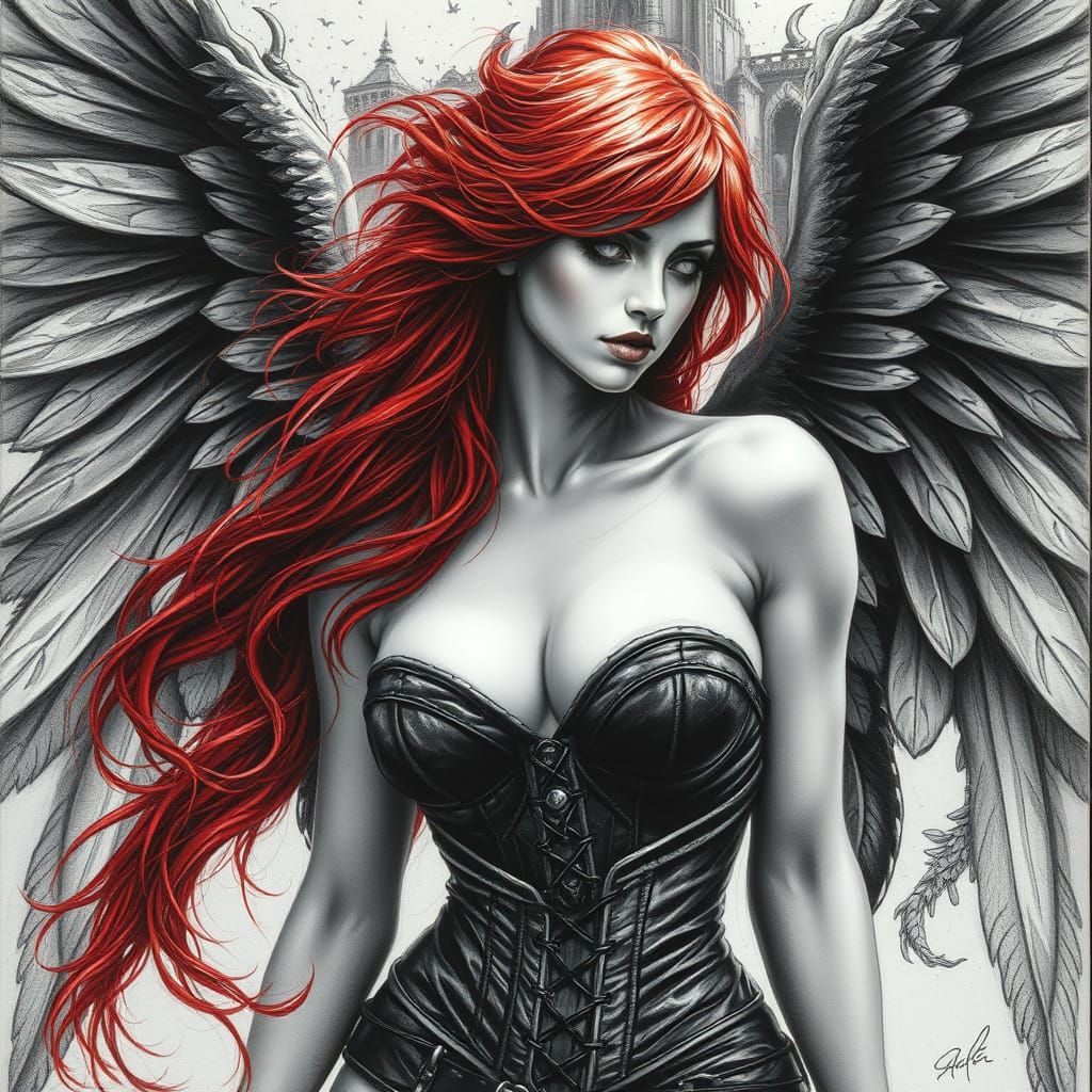 Gothic Angel in Corset with Red Hair