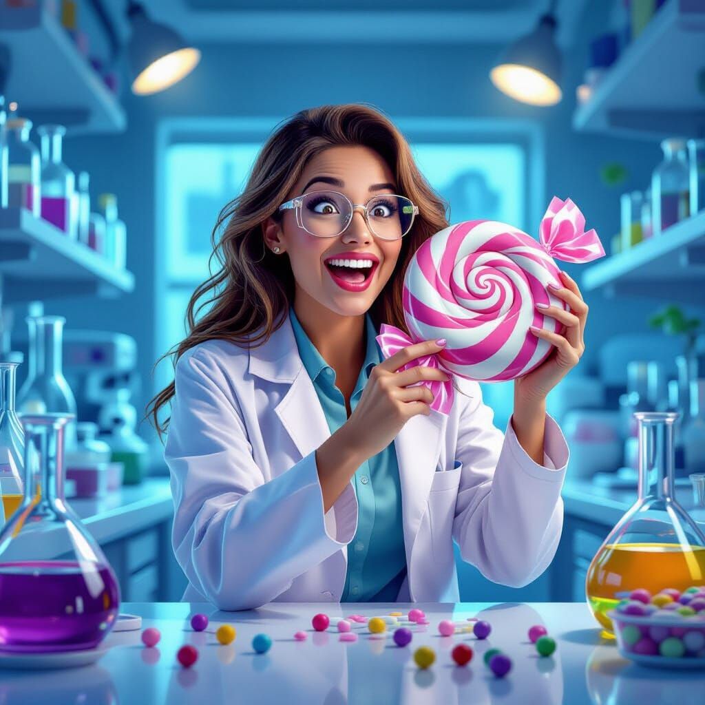 Woman Scientist Holds Bonbon in Hyperdetailed Postmodern Lab