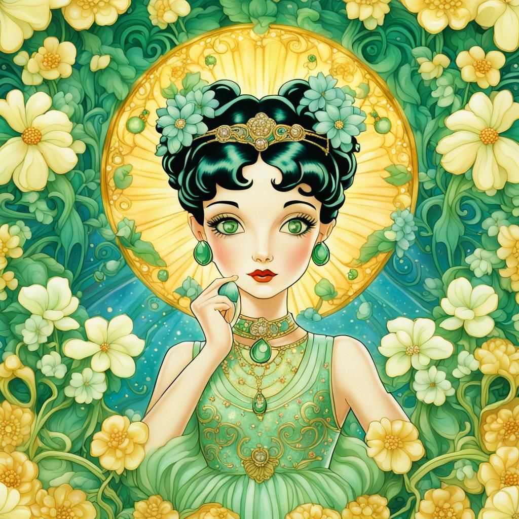 Art Nouveau Betty Boop with Iridescent Flowers