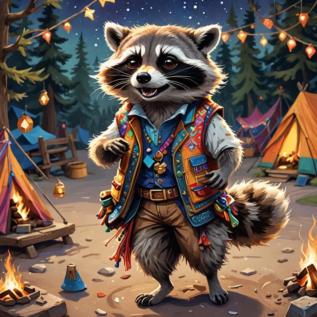 Raccoon Bard Dances in Campfire Light: Fantasy Illustration