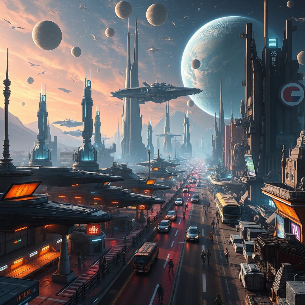 Galactic Spaceport Hub in Futuristic Distant Planet