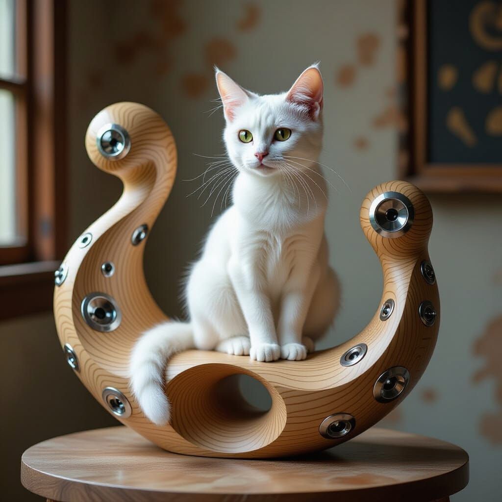Cute Cat on Futuristic Sculpture in Maximalist Style