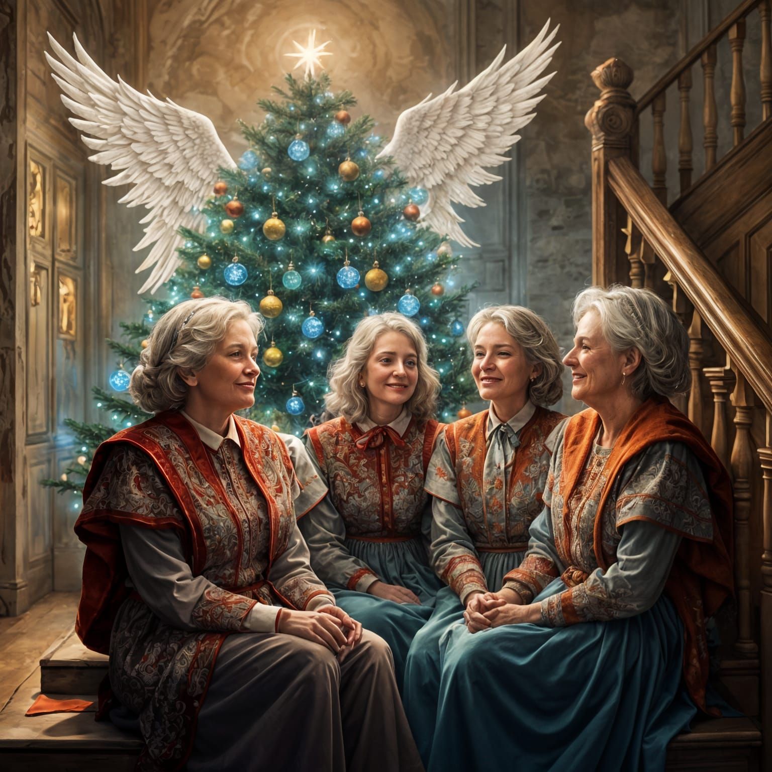 Sisters Admire Christmas Tree with Angels Watching Over