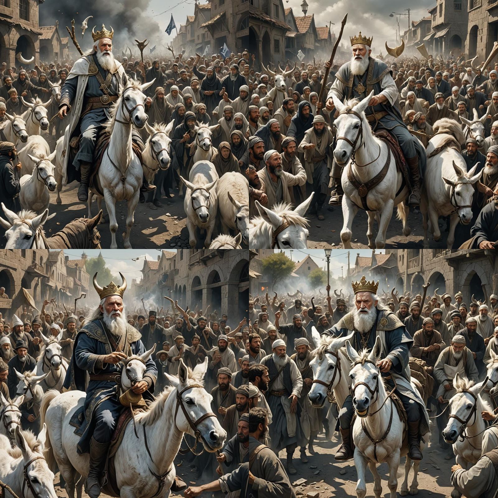 Elderly Man Rides Donkey Blowing Shofar: Fantasy Art