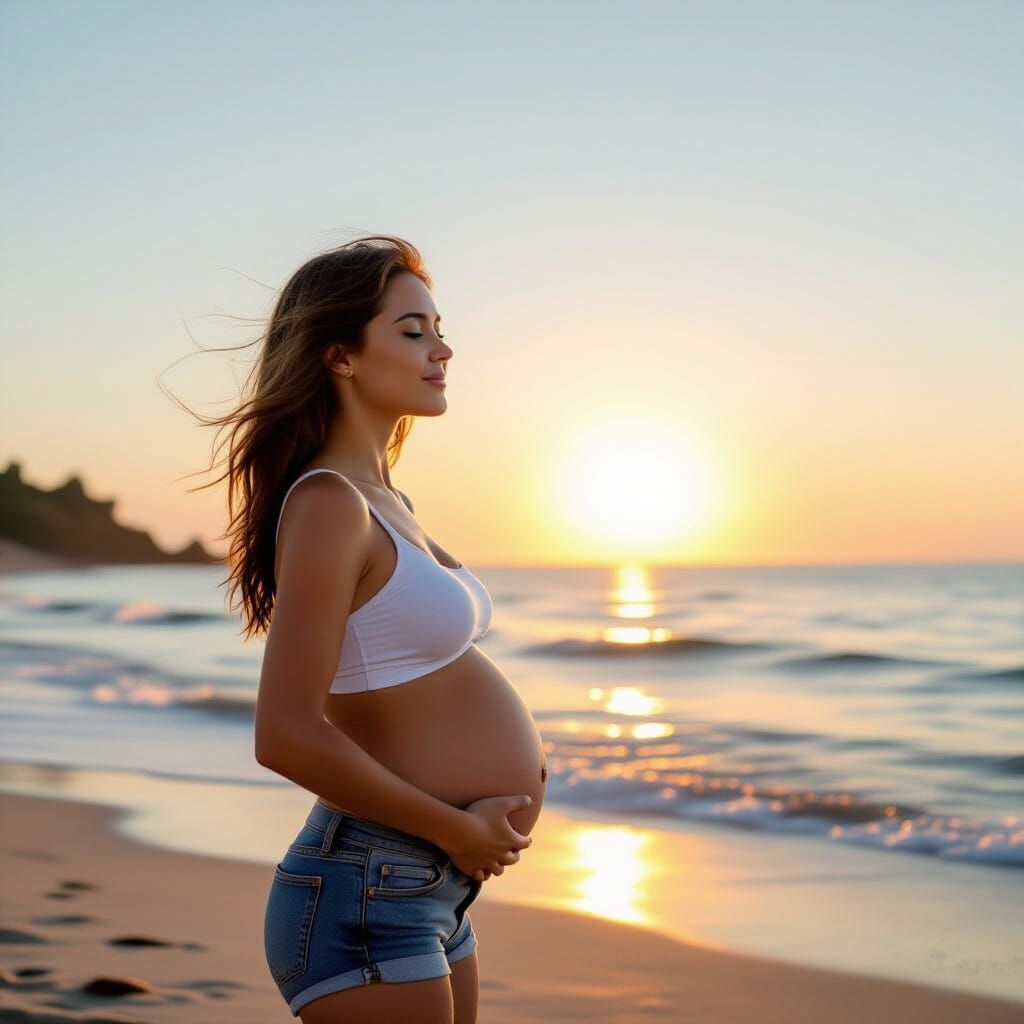 Woman Inflates Belly on Beach at Sunrise