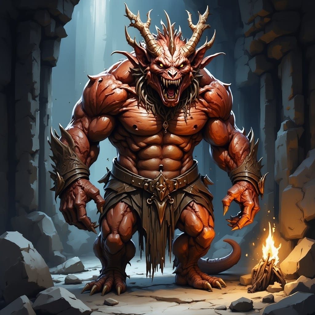 Grotesque Dragon-Humanoid Abomination in Dark Cavern