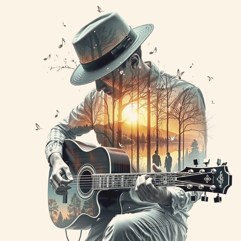 Bioluminescent Nature Double Exposure with Boy Playing Guita...