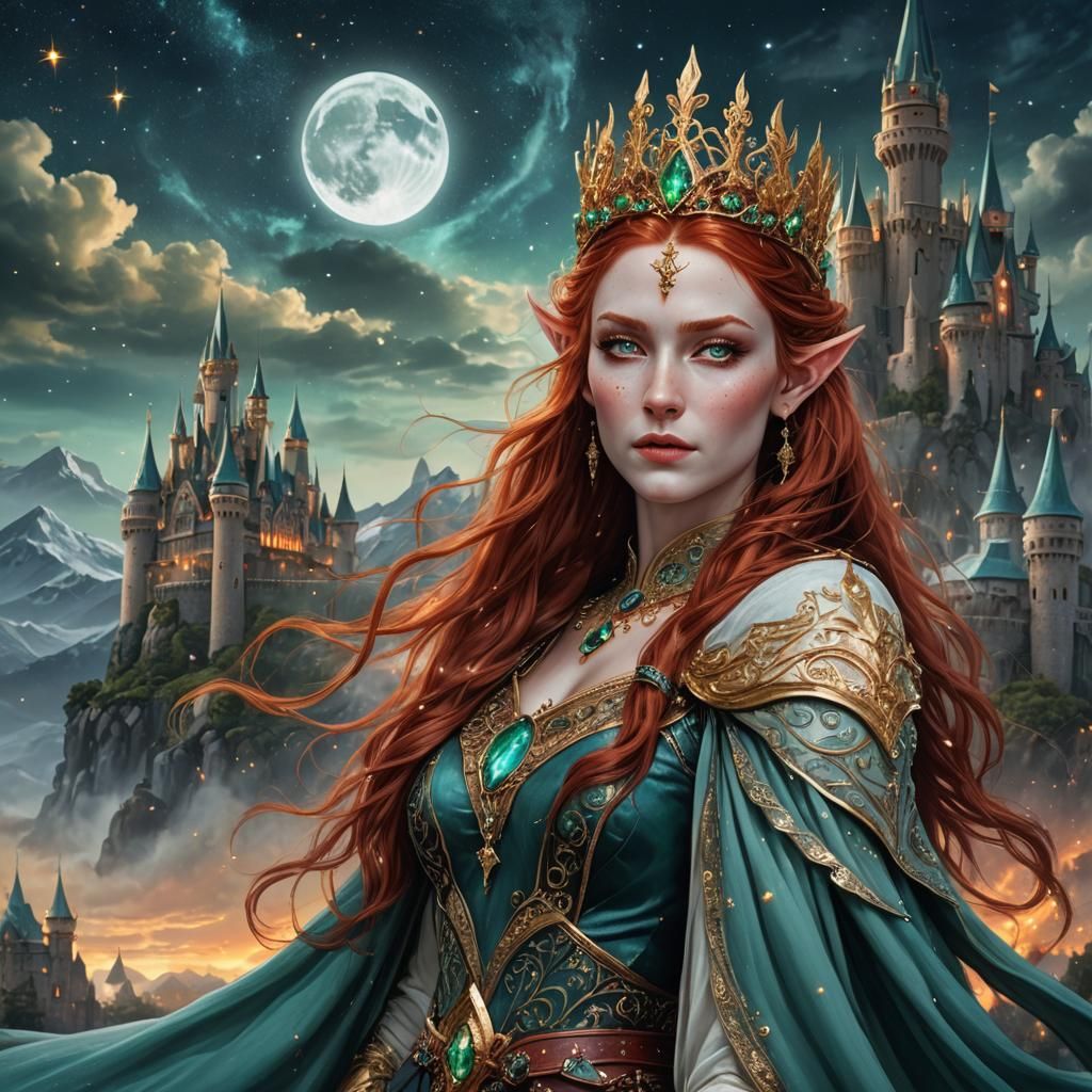 Elven Woman with Fiery Hair, Fantasy Art