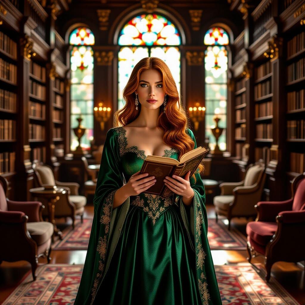 Woman in Library, Pre-Raphaelite Style