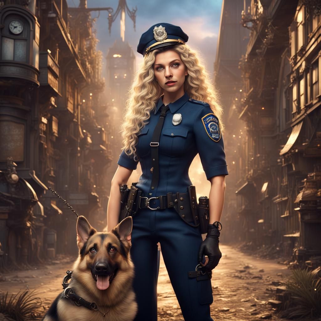 Steampunk Police Officer Arrests Crook with German Shepherd
