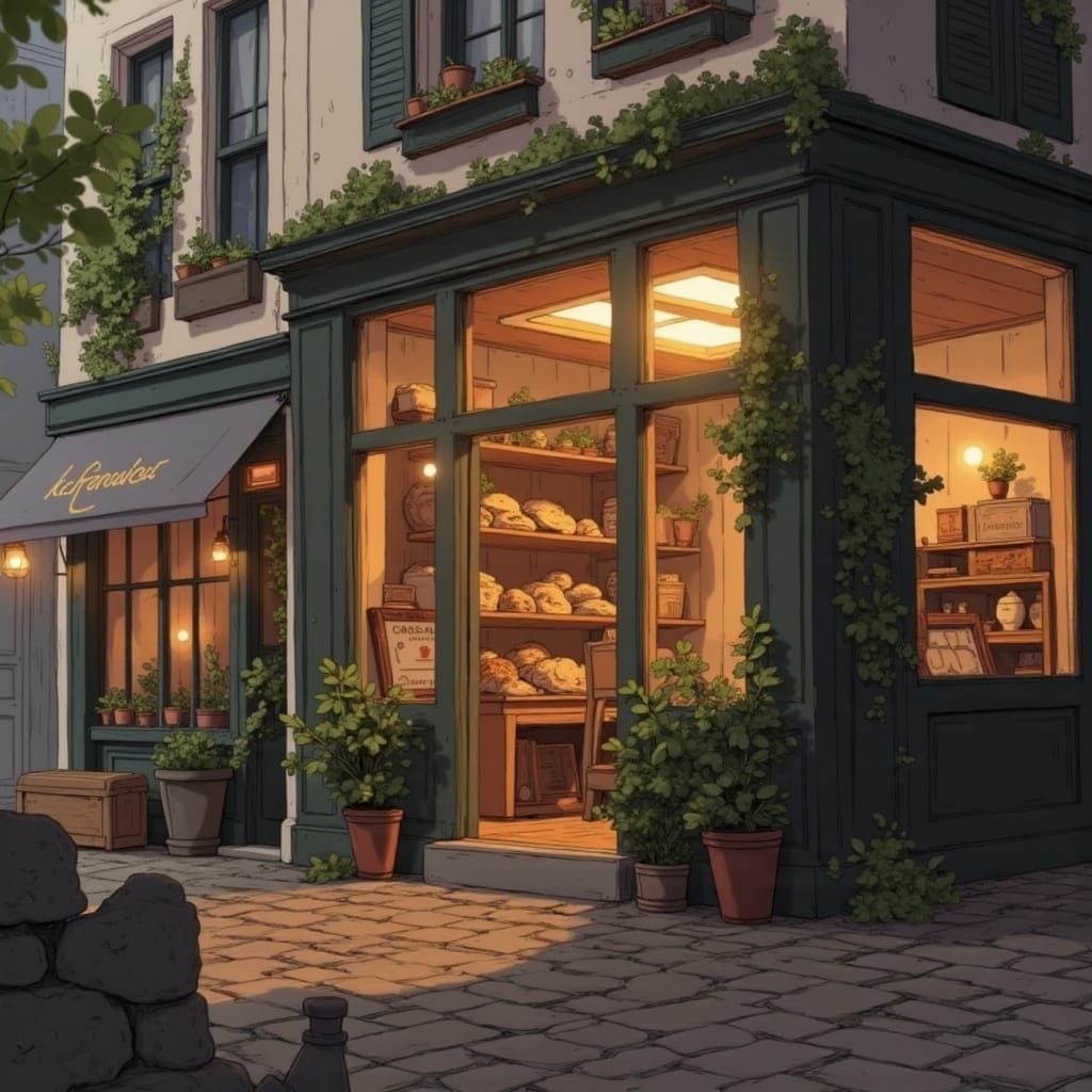 Cozy French Bakery with Warm, Glowing Light